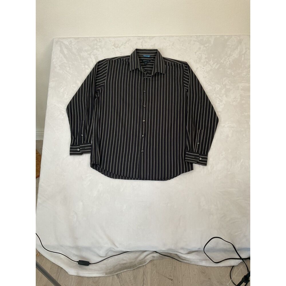 Van Heusen studio Button Down Shirt Slim Fit Black w Grey STRIPED Long Sleeve Me